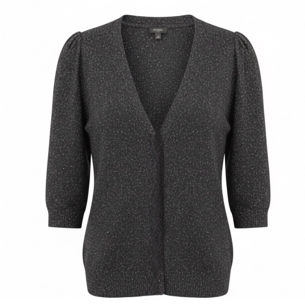 Hobbs London speckled grey, 3/4-sleeve, puff-sleeve, button-up sweater